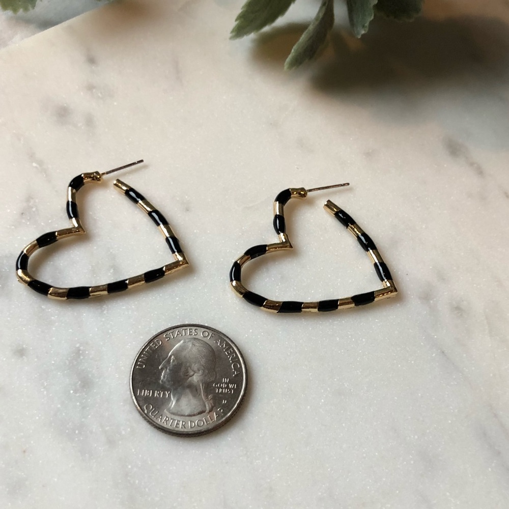 The Harriette - Black and Gold Banded Heart Hoops - Picture 2 of 4
